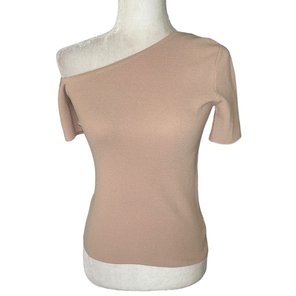 525 America Beige Asymmetrical Short Sleeve Off Shoulder Sweater Top - XS